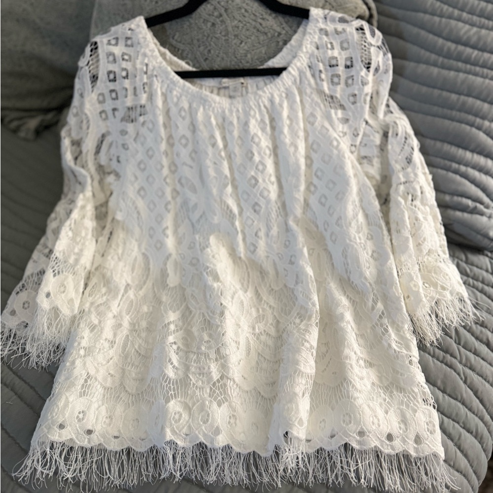 Cato White Lace Blouse with Fringe Detail